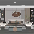 Modern Bedroom Interior Design With Bed Pillows Wall Art Nightstands And Armchair