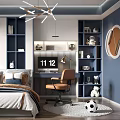 Modern Tatami Bedroom Interior With Bookshelves Desk Chair Chandelier Window Blinds And Soccer Ball