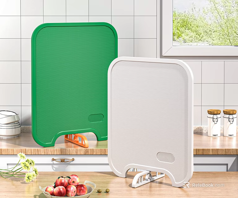 Green and White Plastic Cutting Boards on Kitchen Countertop with Storage Stand 3d model 