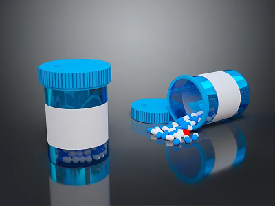 Blue Medicine Bottles With Open Cap And Scattered White Blue Tablets On Dark Surface 3d model