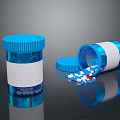 Blue Medicine Bottles With Open Cap And Scattered White Blue Tablets On Dark Surface