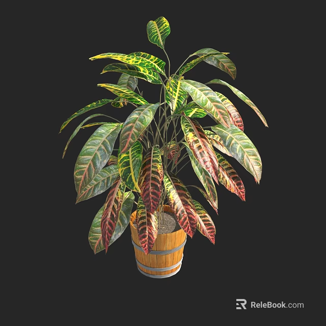 Bonsai Potted Plant with Colorful Variegated Green Red Yellow Leaves in Rustic Wooden Barrel Planter 3d model 