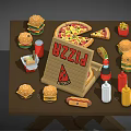 Assorted Fast Food Selection Featuring Pizza Burgers Fries Hotdog And Drinks With Sign