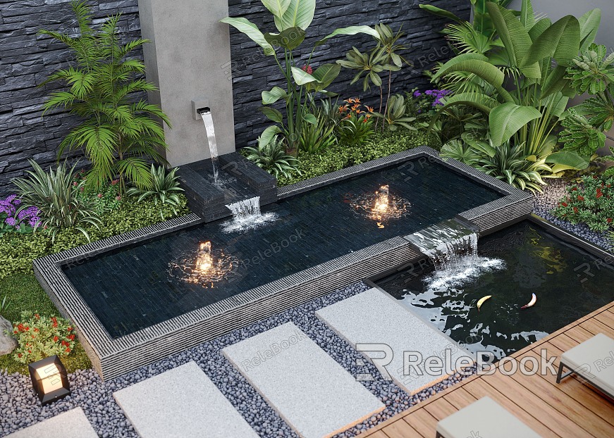 Modern courtyard waterscape overlapping waterscape fishpond landscape plants model