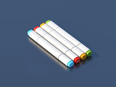 Marker Pens With Colored Caps And White Body On Blue Background 3d model