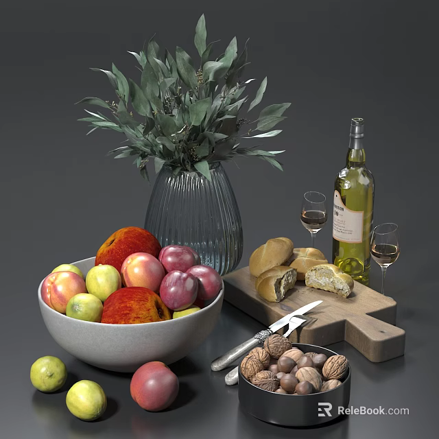 Fresh Fruits Bowl with Bread Wine Glasses Walnuts on Wooden Board 3d model 