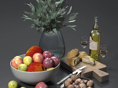 Fresh Fruits Bowl with Bread Wine Glasses Walnuts on Wooden Board 3d model
