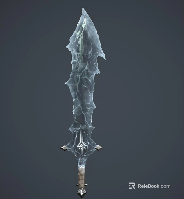 Ice Blue Crystal Ice Textured Sword with Serrated Edges and Hilt Base Emblem Decoration 3d model 