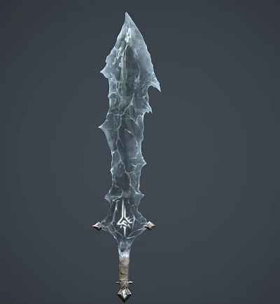 Ice Blue Crystal Ice Textured Sword with Serrated Edges and Hilt Base Emblem Decoration 3d model
