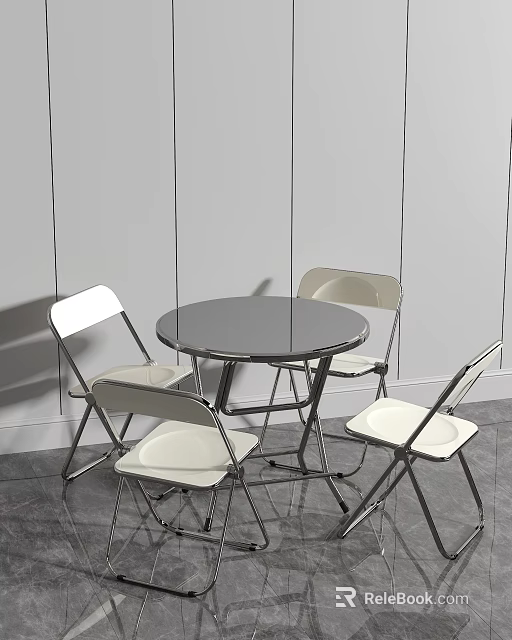 White Folding Leisure Chairs With Round Black Table In Gray Wall Gray Floor Background 3d model 
