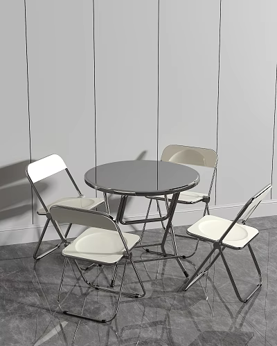 White Folding Leisure Chairs With Round Black Table In Gray Wall Gray Floor Background 3d model