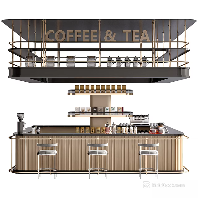 Modern Coffee Tea Bar With Hanging Shelves Glasses Coffee Beans And Stools 3d model 