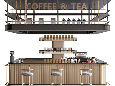 Modern Coffee Tea Bar With Hanging Shelves Glasses Coffee Beans And Stools 3d model