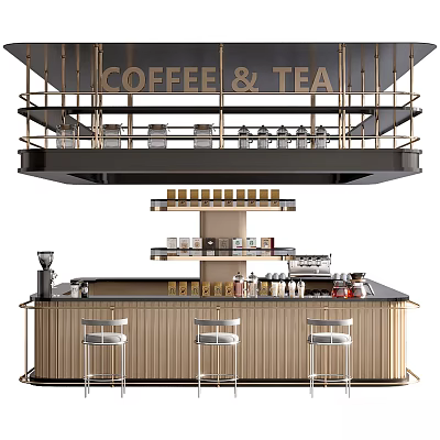 Modern Coffee Tea Bar With Hanging Shelves Glasses Coffee Beans And Stools 3d model