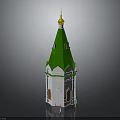 Traditional Architectural Structure Featuring Green Spire Golden Top White Body Arched Windows And Arched Door