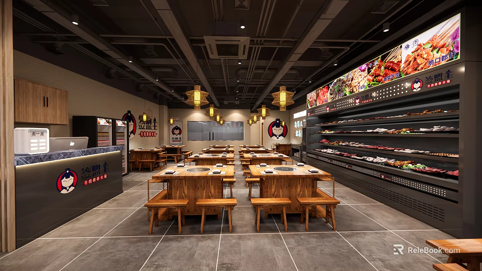 Modern Hotpot Restaurant Interior With Buffet Food Station Wooden Tables And Pendant Lights 3d model 