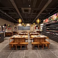 Modern Hotpot Restaurant Interior With Buffet Food Station Wooden Tables And Pendant Lights