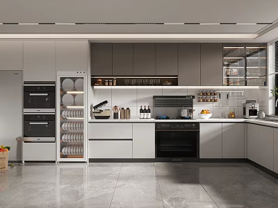 Modern Kitchen Interior Design With White Gray Cabinets Built in Appliances And Dish Rack 3d model