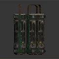 Three Vintage Green Metal Lanterns With Blue Glowing Tubes In Industrial Style