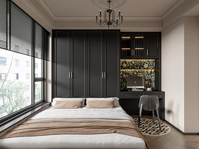 Tatami Bedroom Interior Design Featuring Dark Cabinets Chandelier And Desk Chair 3d model