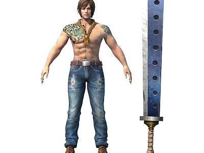 Man With Shoulder Tattoo In Jeans Standing Next To Large Sword 3d model