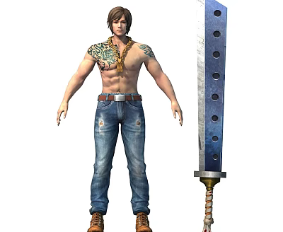Man With Shoulder Tattoo In Jeans Standing Next To Large Sword 3d model