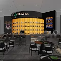 Modern Cafe Interior With Cozy Sofa Seating Tables Chairs Bar Counter And City View Windows