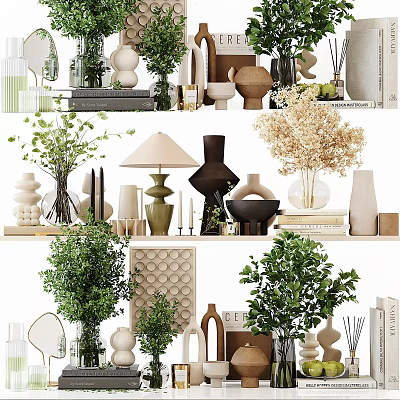 Decorative Ornament Set with Vases Plants Lamps and Books for Modern Home Living Room Decor 3d model