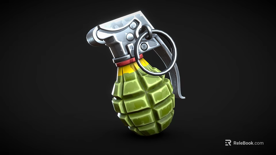 Green Textured Hand Grenade With Metal Safety Pin And Red Yellow Bands Design 3d model 