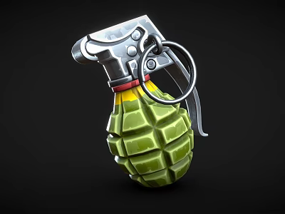 Green Textured Hand Grenade With Metal Safety Pin And Red Yellow Bands Design 3d model