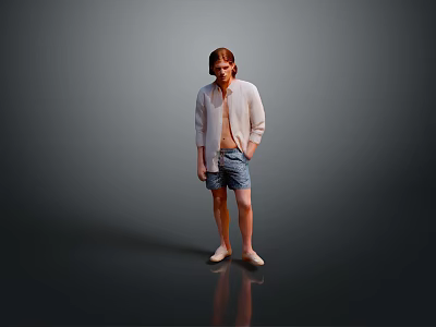 Man In Light Cardigan And Shorts Standing Against Gray Background With Floor Reflection 3d model