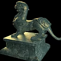 Ancient Bronze Mythical Beast Sculpture With Square Carved Base And Decorative Details