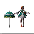 Red Haired Character In Green And White Dress With Green Umbrella And White Yellow Trimmings