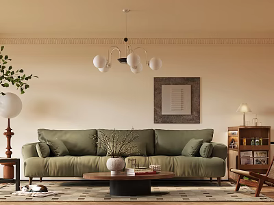 Warm Living Dining Room Interior Design With Green Sofa Coffee Table Chandelier And Decorative Painting 3d model