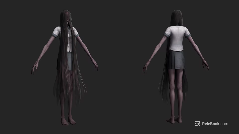 Creepy Long Haired Characters And Spooky Creatures With White Tops Dark Skirts Back View 3d model 