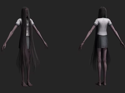 Creepy Long Haired Characters And Spooky Creatures With White Tops Dark Skirts Back View 3d model