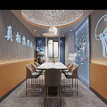Modern Dining Room Interior With Long Table Metal Chairs Pendant Light And Wall Decorations