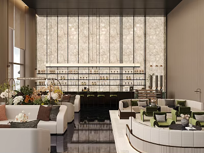 Luxurious Modern Lounge Interior With Sofas Green Plants And Marble Wall Design 3d model