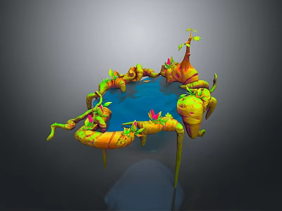 Fantasy Landscape With Blue Water Orange Green Plants And Curved Vines 3d model