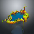 Fantasy Landscape With Blue Water Orange Green Plants And Curved Vines