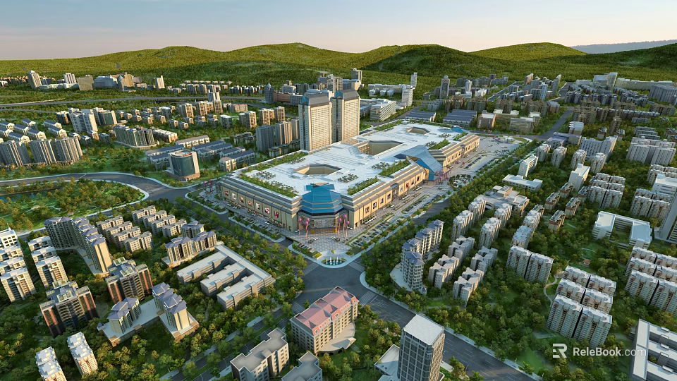 Aerial View Planning of Modern Urban Layout With Commercial Center And Green Spaces 3d model 