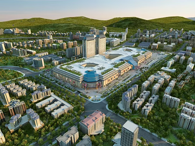 Aerial View Planning of Modern Urban Layout With Commercial Center And Green Spaces 3d model