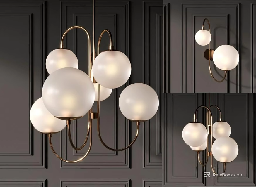 Modern Chandelier With White Spherical Bulbs And Golden Metal Frame On Dark Wall 3d model 