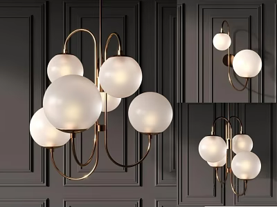 Modern Chandelier With White Spherical Bulbs And Golden Metal Frame On Dark Wall 3d model