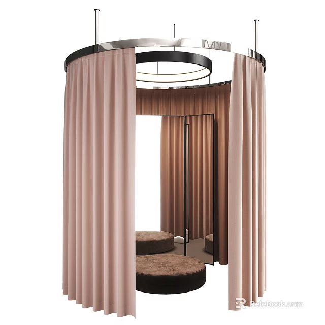 Elegant Circular Decorative Space With Pink Curtains Mirror And Round Cushions Design 3d model 