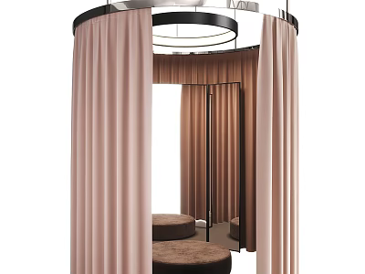 Elegant Circular Decorative Space With Pink Curtains Mirror And Round Cushions Design 3d model