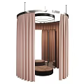Elegant Circular Decorative Space With Pink Curtains Mirror And Round Cushions Design
