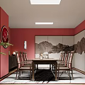 Traditional Chinese Dining Room With Red Walls Wooden Furniture And Landscape Art Decor