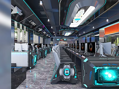 Modern Internet Cafe With Gaming Computers High Tech Interior Blue LED Lighting And Comfortable Seating 3d model