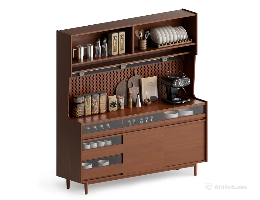 Brown Wooden Sideboard With Shelves Drawers And Coffee Machine On Top 3d model 